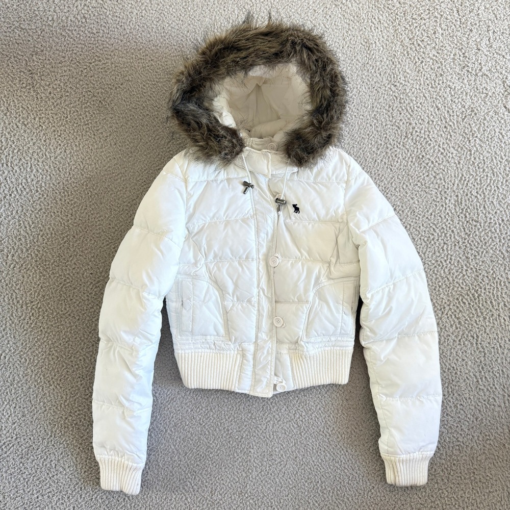 Abercrombie & Fitch White Down Puffer Jacket Faux Fur Hood Vintage Y2K Medium